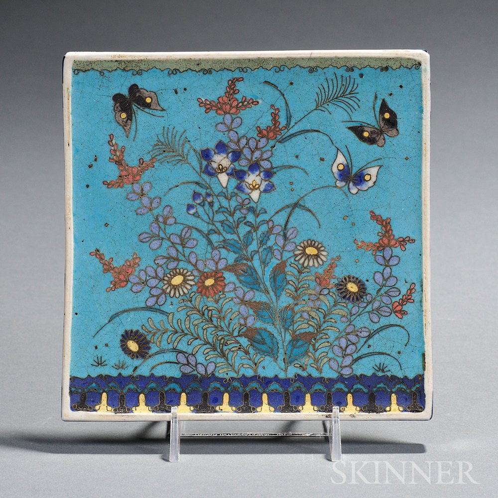 Appraisal: Cloisonne Tile China th century depicting flowers and butterflies rising