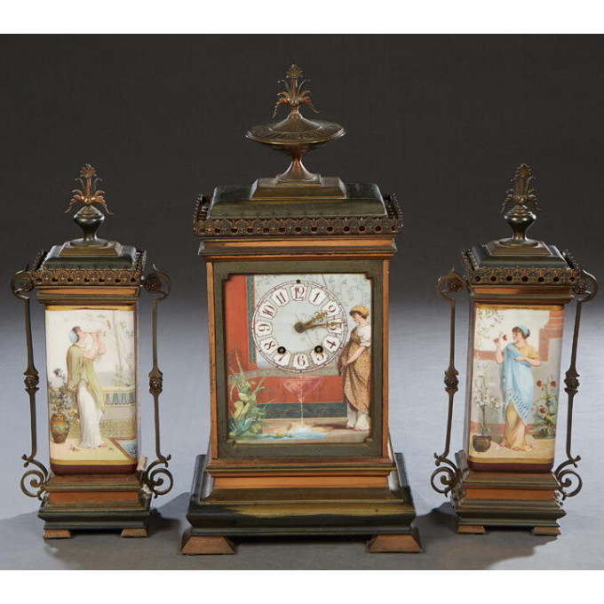 Appraisal: Three Piece French Gilt Brass and Copper Clock Set late