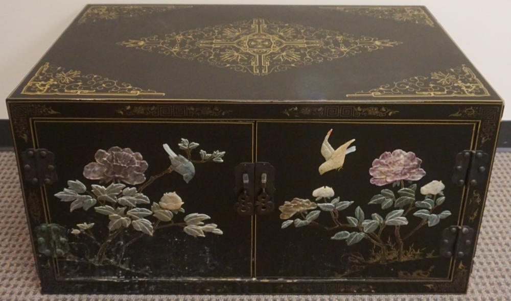 Appraisal: Chinese Hardstone Mounted Decorated and Black Lacquered Low Side Cabinet