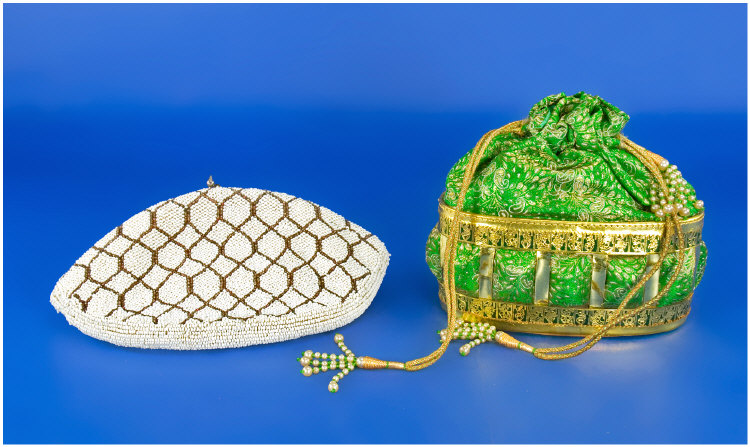 Appraisal: White Beaded Evening Purse plus Green Brocade and Leather 'Dolly