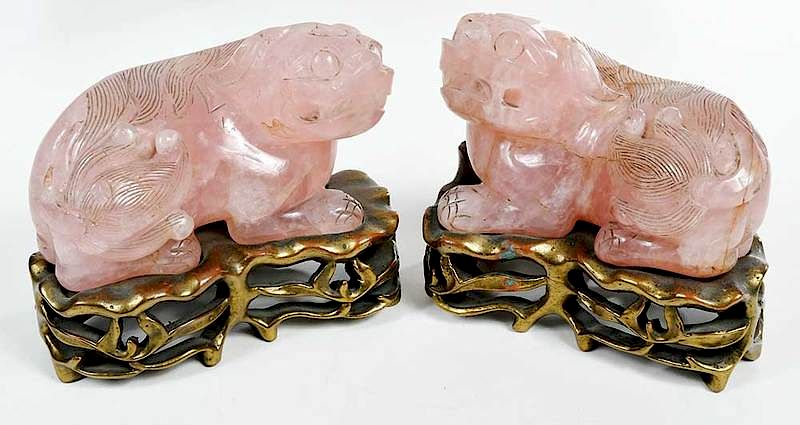 Appraisal: Pair Rose Quartz Carved Bixies with Stands Chinese probably th