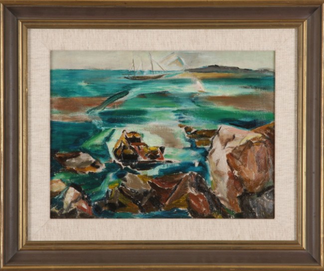 Appraisal: Seascape with rocks oil on canvas x circa Artist American