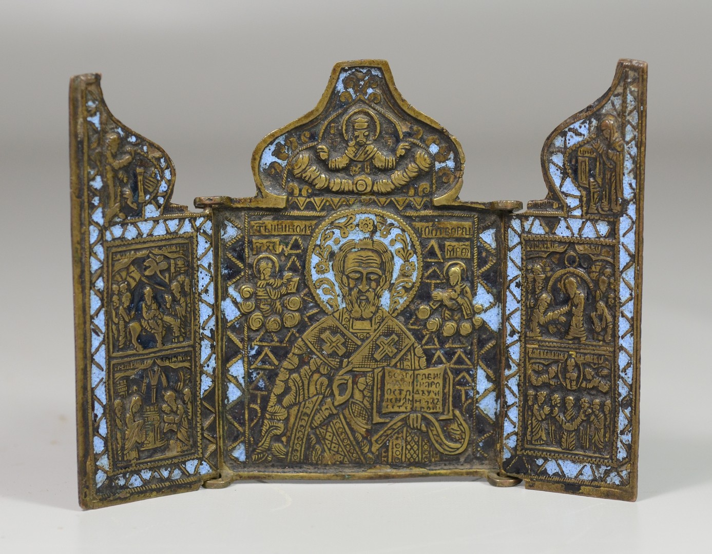 Appraisal: Russian Brass and Enamel Triptych Icon open measures w x