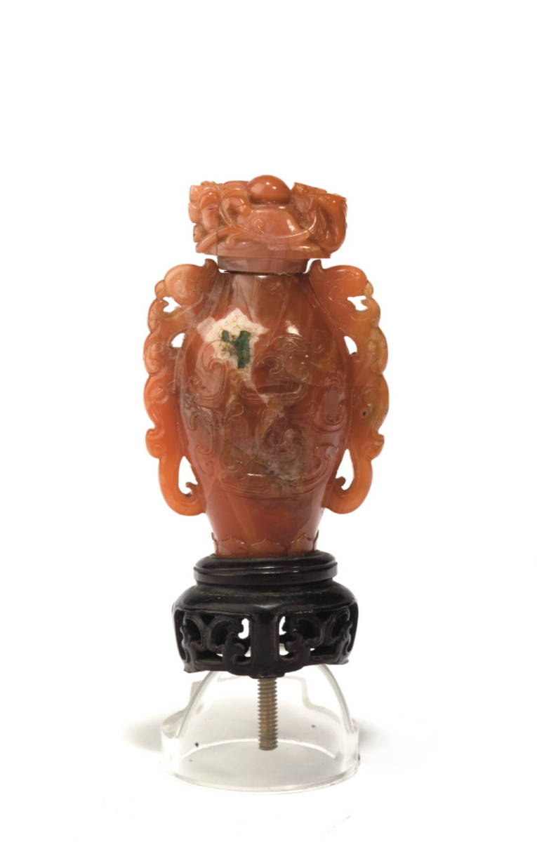 Appraisal: SMALL CARVED RUSSET JADE VASE WITH DRAGON MOTIF Height inches