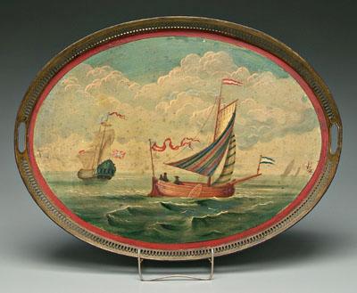 Appraisal: Toleware tray British ships pierced gallery hand painted harbor scene