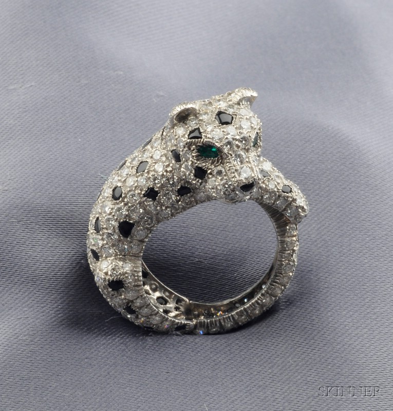 Appraisal: Platinum Diamond Onyx and Emerald Panther Ring Cartier Paris the