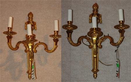 Appraisal: Pair of Neoclassical Style Brass Three-Light Sconces Estimate -