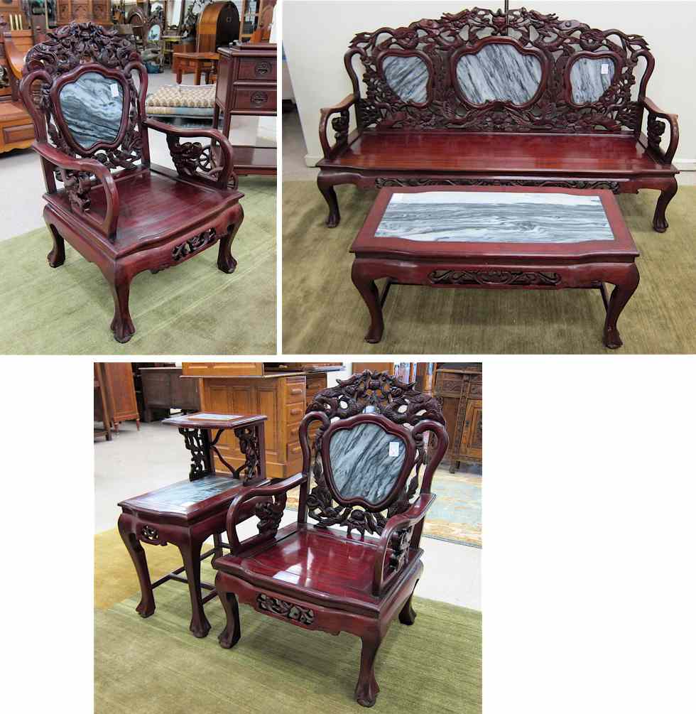 Appraisal: FIVE-PIECE CHINESE SEATING FURNITURE SET of carved rosewood with inset