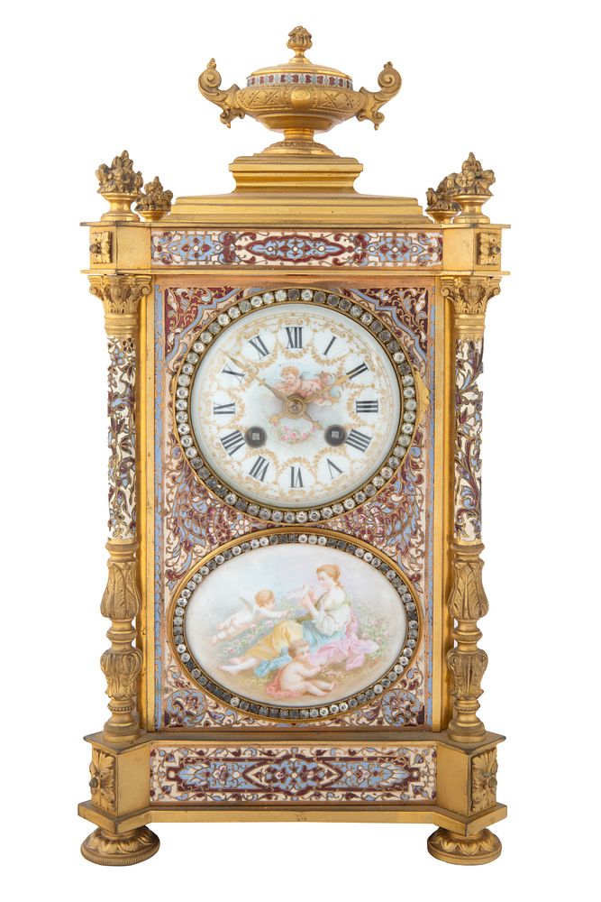 Appraisal: LARGE ORMOLU AND ENAMEL MANTLE CLOCK MEDAILLE D ARGENT PARIS