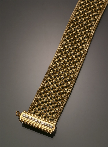 Appraisal: European -Karat Yellow-Gold and Diamond Adjustable Belt Bracelet The hinged