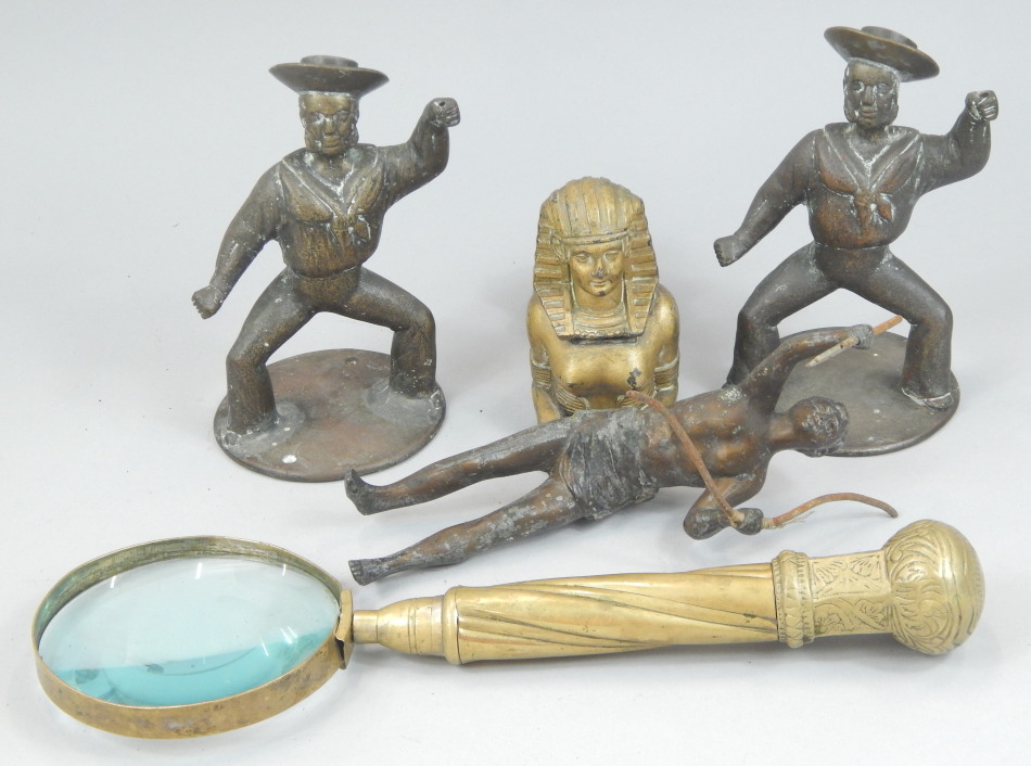 Appraisal: A collection of metalware to include two brass sailor figures