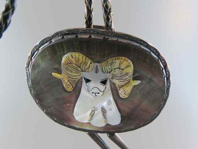 Appraisal: Indian Carved Abalone Sterling Bolo ram's head decor '' x