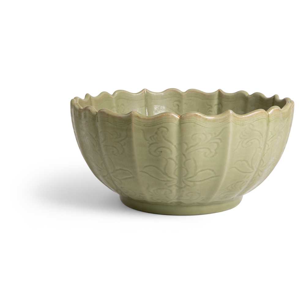 Appraisal: LARGE LONGQUAN CELADON CARVED 'FLOWER' FOLIATED BOWL MING DYNASTY OR