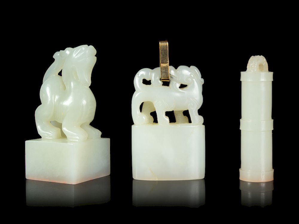 Appraisal: Three White Jade Seals Tallest height in cm Three White