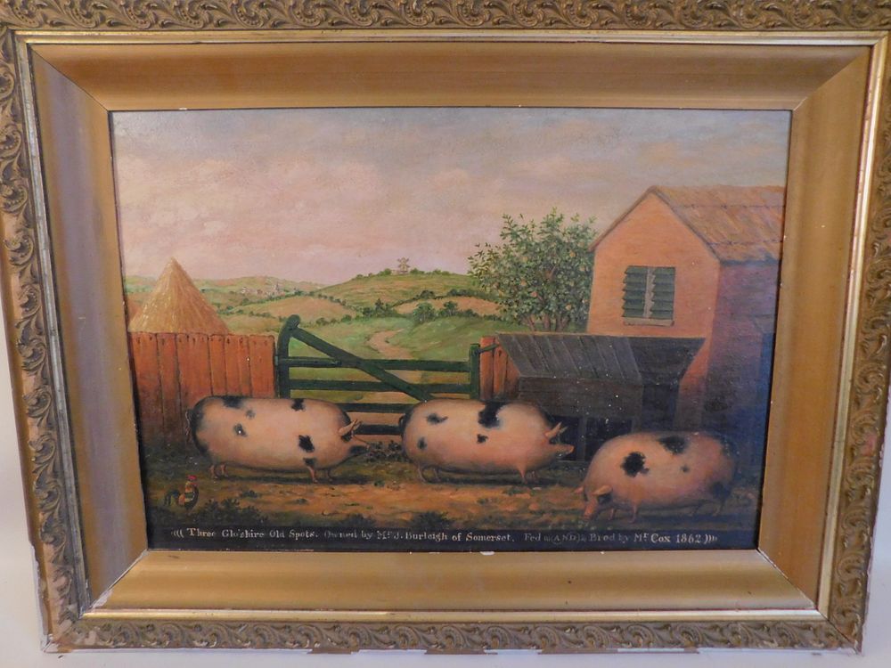 Appraisal: ANTIQUE PAINTING PIGS IN FARMYARD Charming antique oil painting on