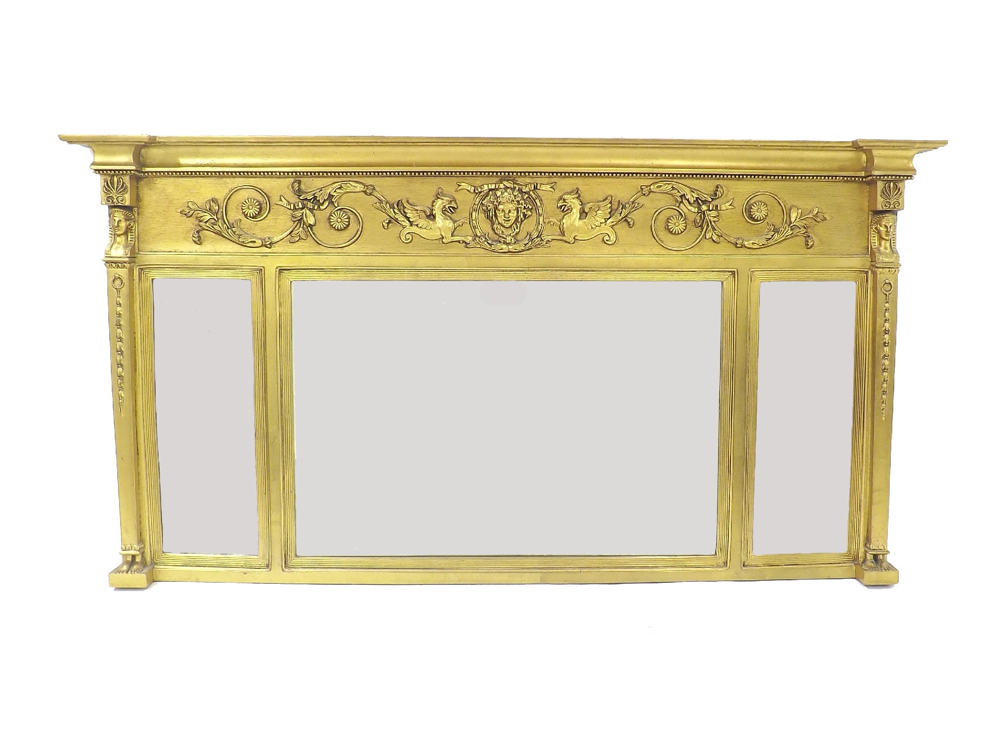 Appraisal: Regency style triple fronted giltwood wall mirror moulded with masks