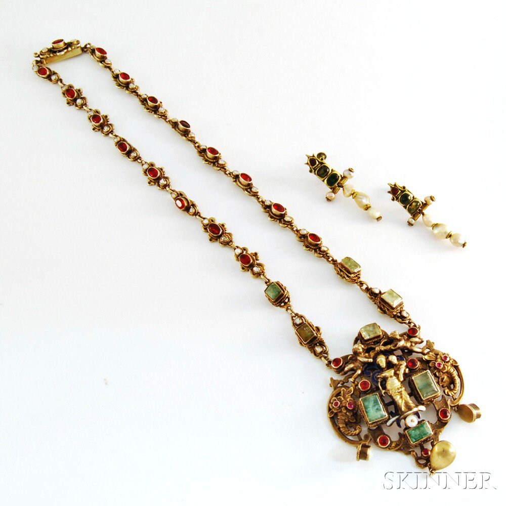 Appraisal: Gilt Necklace and Earrings the necklace with seed pearl and