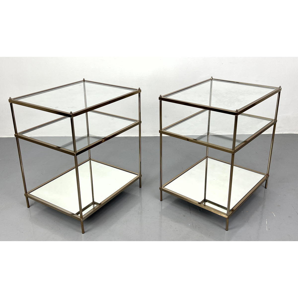 Appraisal: Pr Contemporary Mirror and Glass Metal Frame Side Tables Dimensions