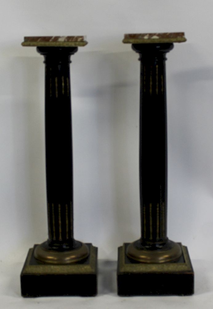 Appraisal: Pair of Fluted Ebonised Bronze Mounted and Marbletop Pedestals Nice