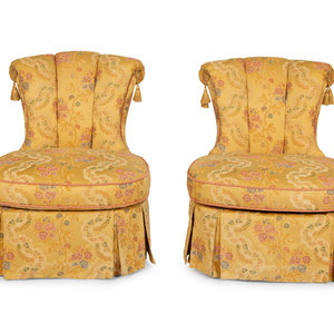 Appraisal: A Pair of Tufted Slipper Chairs with Scalamandr Gabrielle Gold