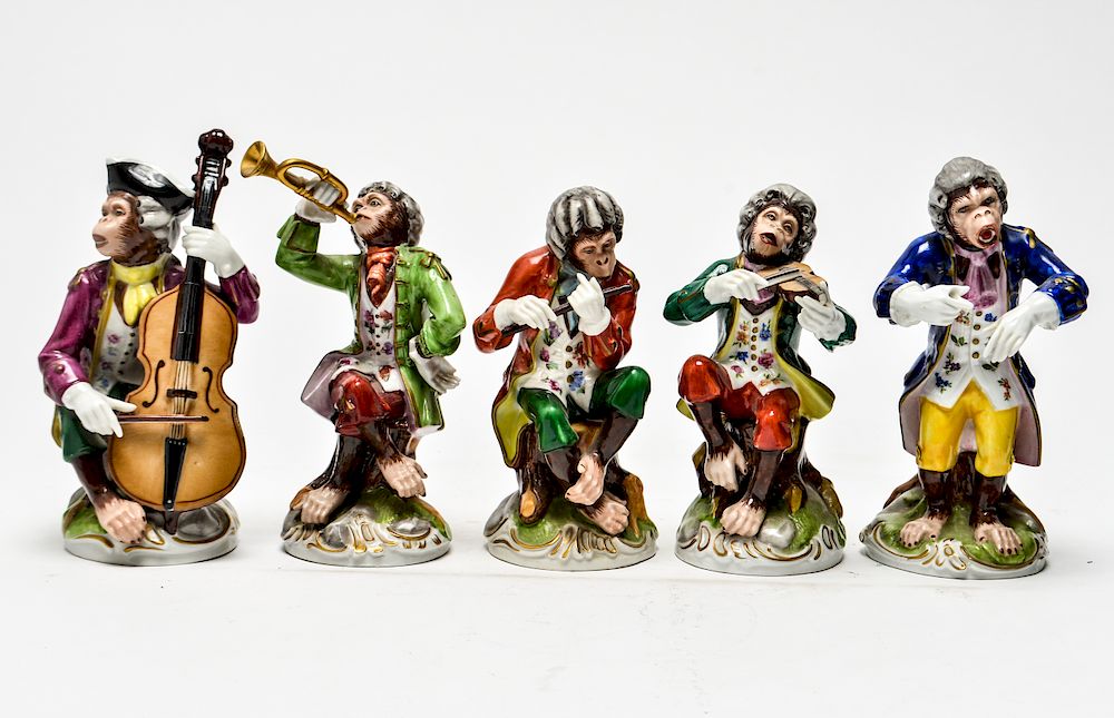 Appraisal: Dresden Musician Monkeys Hand-Painted Porcelain Group of five Dresden musician