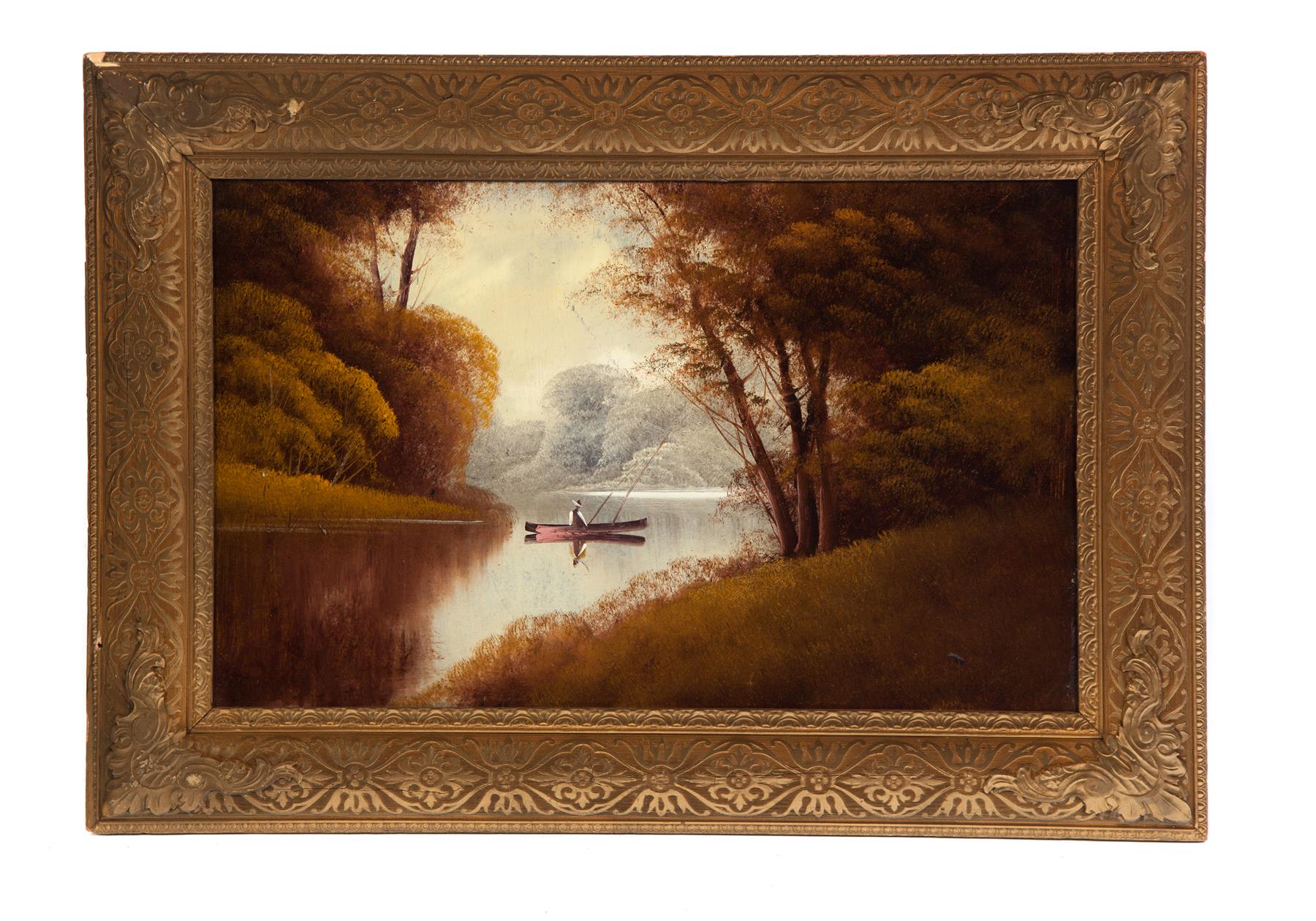 Appraisal: FISHING SCENE AMERICAN SCHOOL LATE TH CENTURY Oil on artist