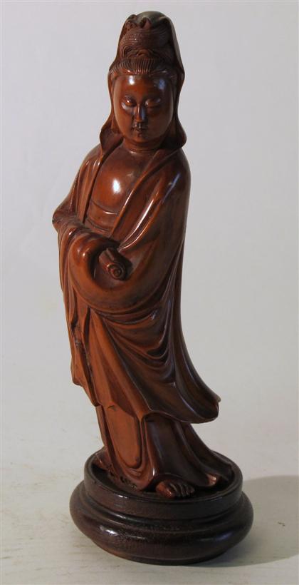 Appraisal: Chinese carved boxwood QuanyinStanding figure grasping scroll over wood base