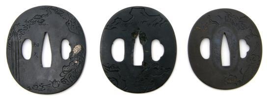 Appraisal: A Group of Three Shakudo Tsuba the first signed and