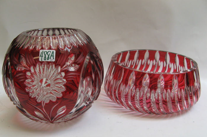 Appraisal: TWO RED CUT CRYSTAL DECORATIVE ITEMS a rose bowl with