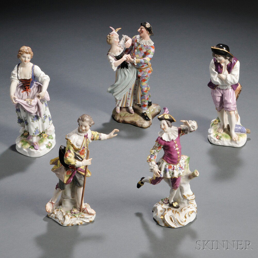 Appraisal: Five Meissen Porcelain Figures Germany th century each gilded and