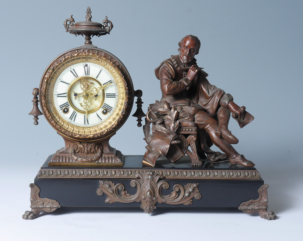 Appraisal: ANSONIA FIGURAL SHAKESPEARE MANTLE CLOCK Patinated cast metal figure of