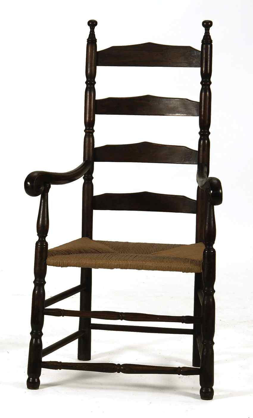 Appraisal: ANTIQUE AMERICAN LADDERBACK ARMCHAIREarly th CenturyBold sausage-turned posts four-slat graduated