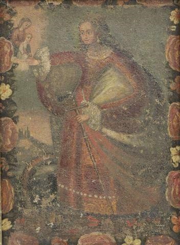 Appraisal: Framed Spanish Colonial style painting on canvas central figure with