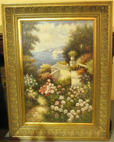 Appraisal: THREE DECORATIVE WORKS OF ART Including Terrace Flower Garden Still