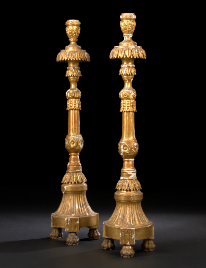 Appraisal: Large Pair of Italian Giltwood Pricket Candlesticks ca in the