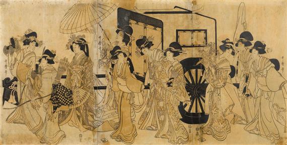 Appraisal: KITAGAWA UTAMARO - ban triptych Procession of beautiful women with