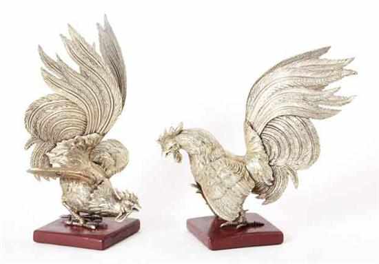 Appraisal: Pair silverplate figures of gamecocks probably Italian each in fighting