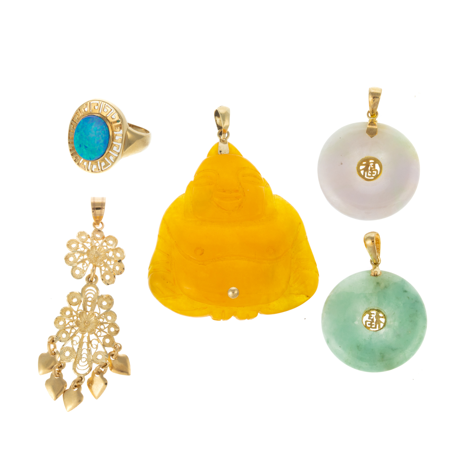 Appraisal: COLLECTION OF K JEWELRY INCLUDING JADE PENDANTS K yellow gold