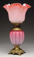 Appraisal: PINK SATIN GLASS TABLE LAMP Pink DQMOP inverted style ribbed