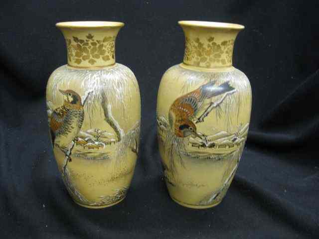 Appraisal: Pair of Japanese Pottery Handpainted Vases bird winter landscapes ''