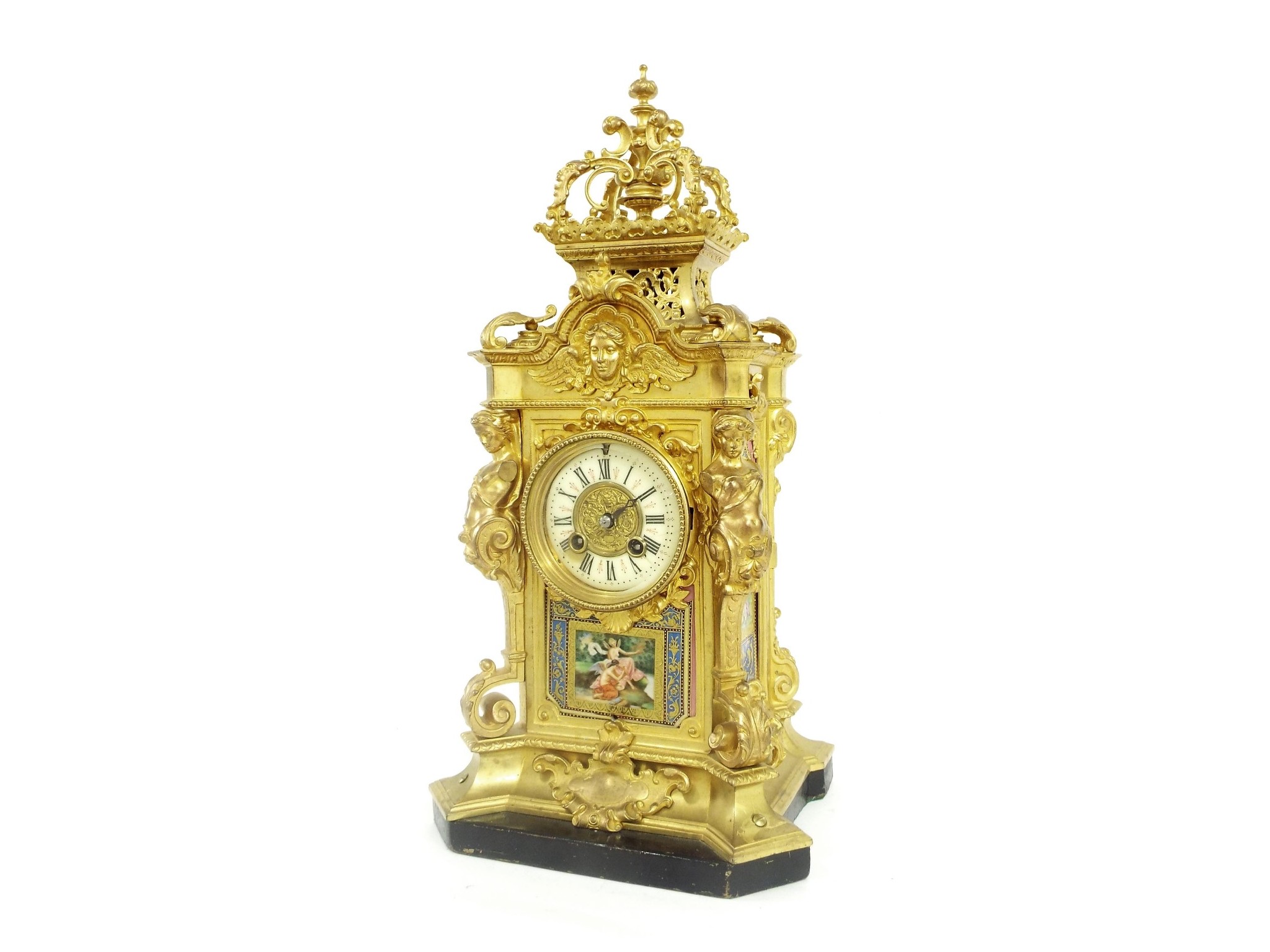 Appraisal: French ormolu and porcelain panelled two train mantel clock the