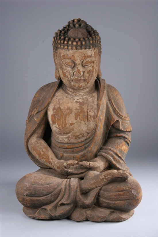 Appraisal: CHINESE WOOD FIGURE OF BUDDHA Ming Dynasty - inches high