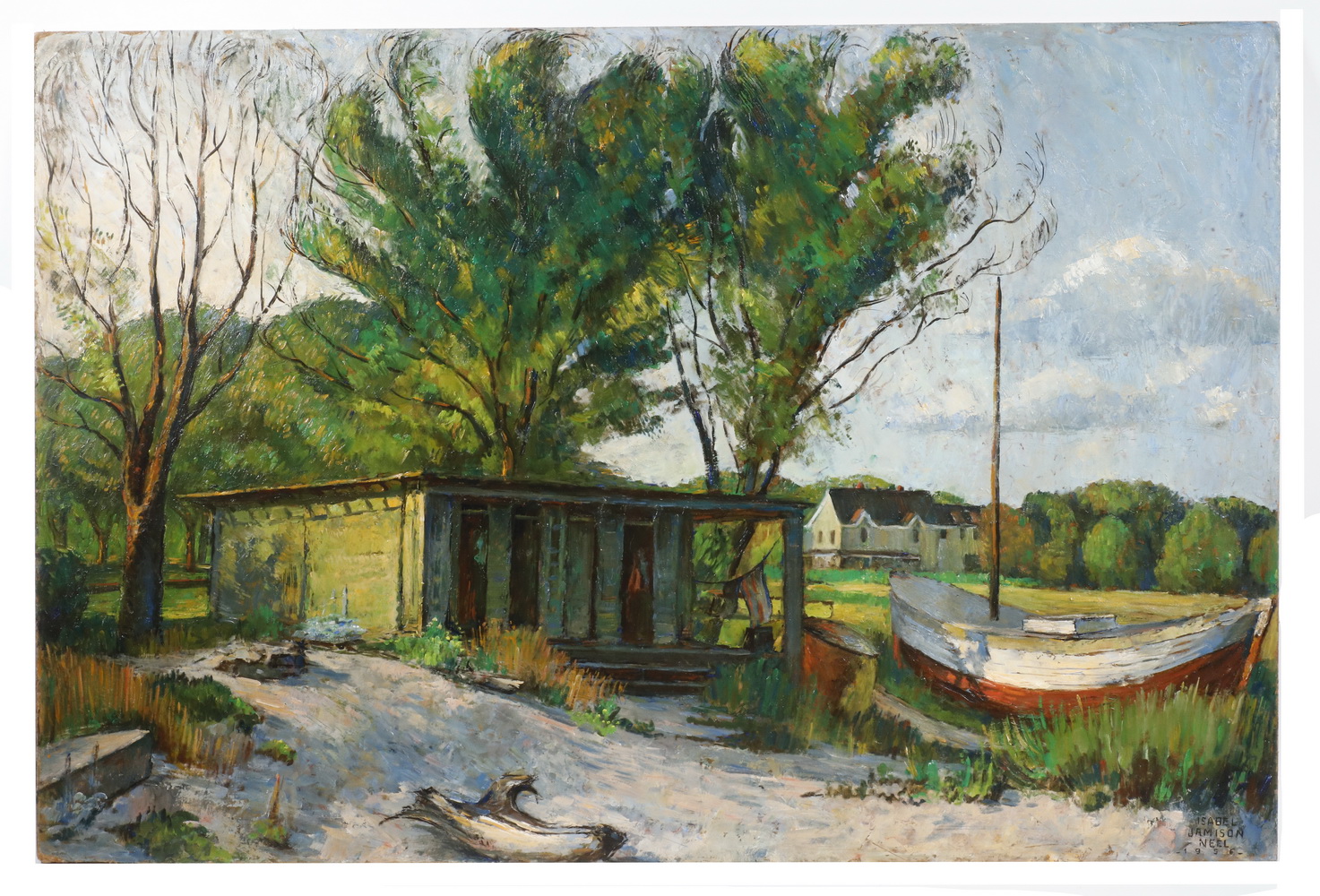 Appraisal: ISABEL JAMISON NEEL CA - Coastal Camp Scene oil on