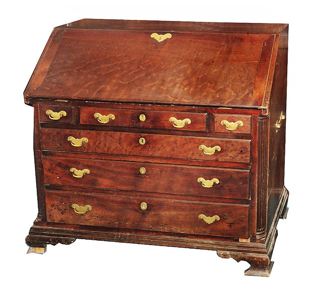 Appraisal: A George III red walnut bureauhaving a fitted interior the