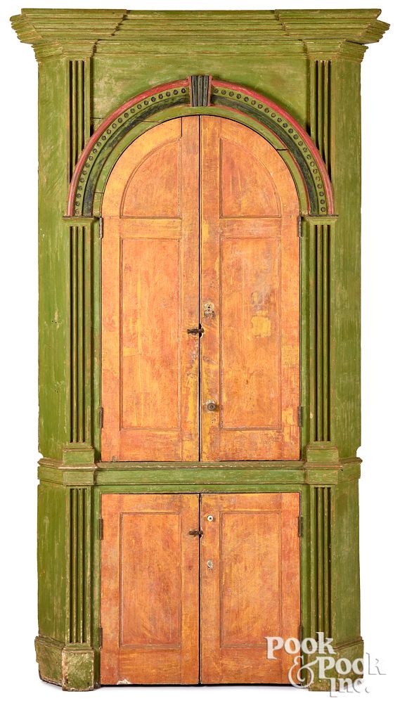 Appraisal: Pennsylvania painted architectural corner cupboard Pennsylvania painted pine one-piece architectural