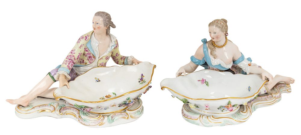 Appraisal: A PAIR OF GERMAN FIGURAL SWEETMEAT DISHES MEISSEN DRESDEN LATE