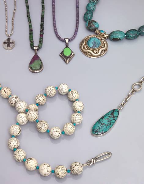 Appraisal: Three Gemstone Pendant Necklaces The first consisting of ruby-in-zoisite beads