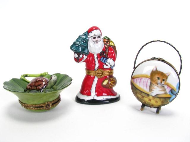 Appraisal: Three Limoges Hinged Pill Boxes including Santa figure handbag with