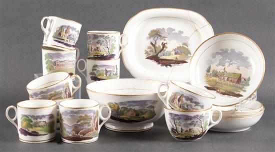 Appraisal: Staffordshire polychrome transfer decorated -piece partial tea service probably Coalport