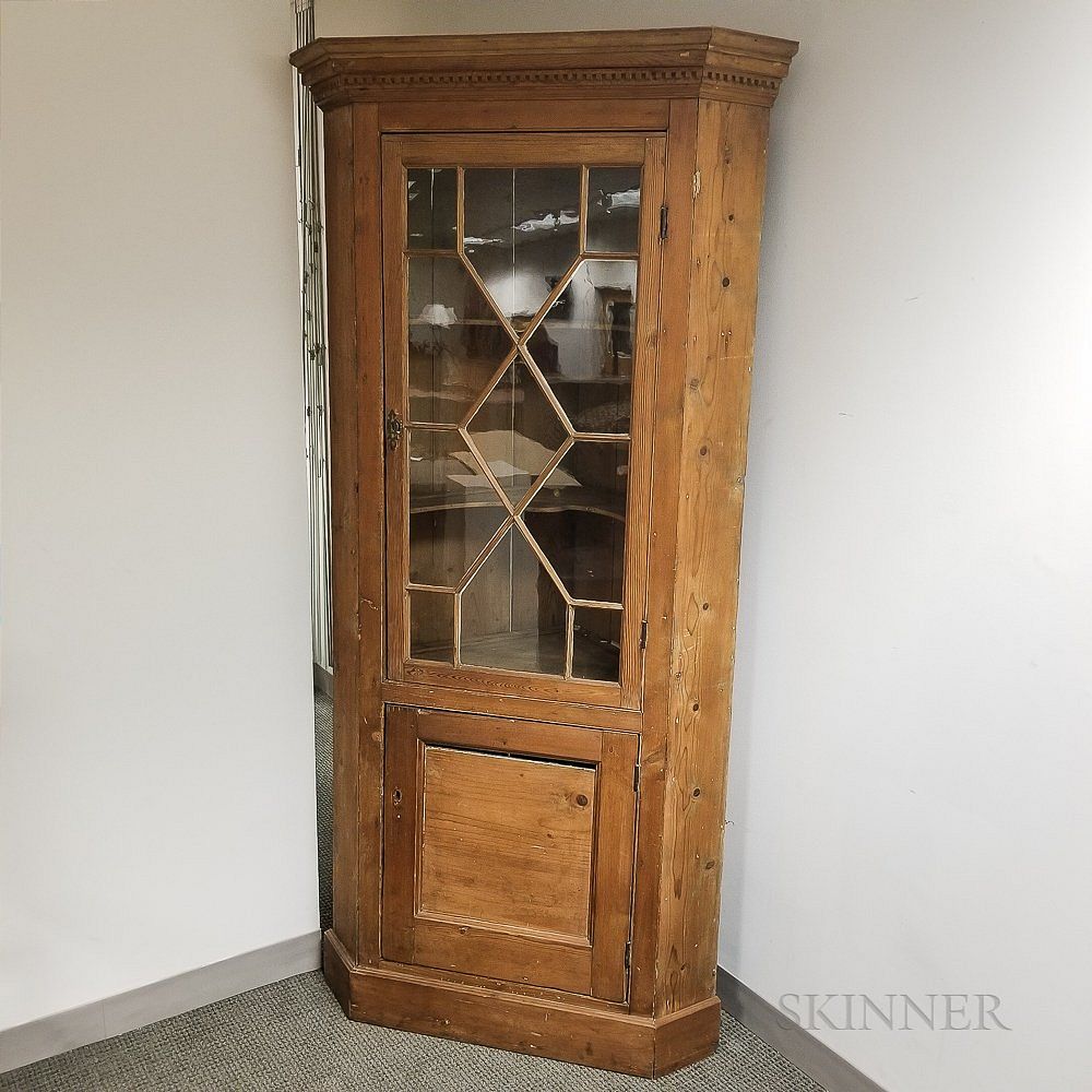 Appraisal: Early Glazed Pine Corner Cupboard Early Glazed Pine Corner Cupboard